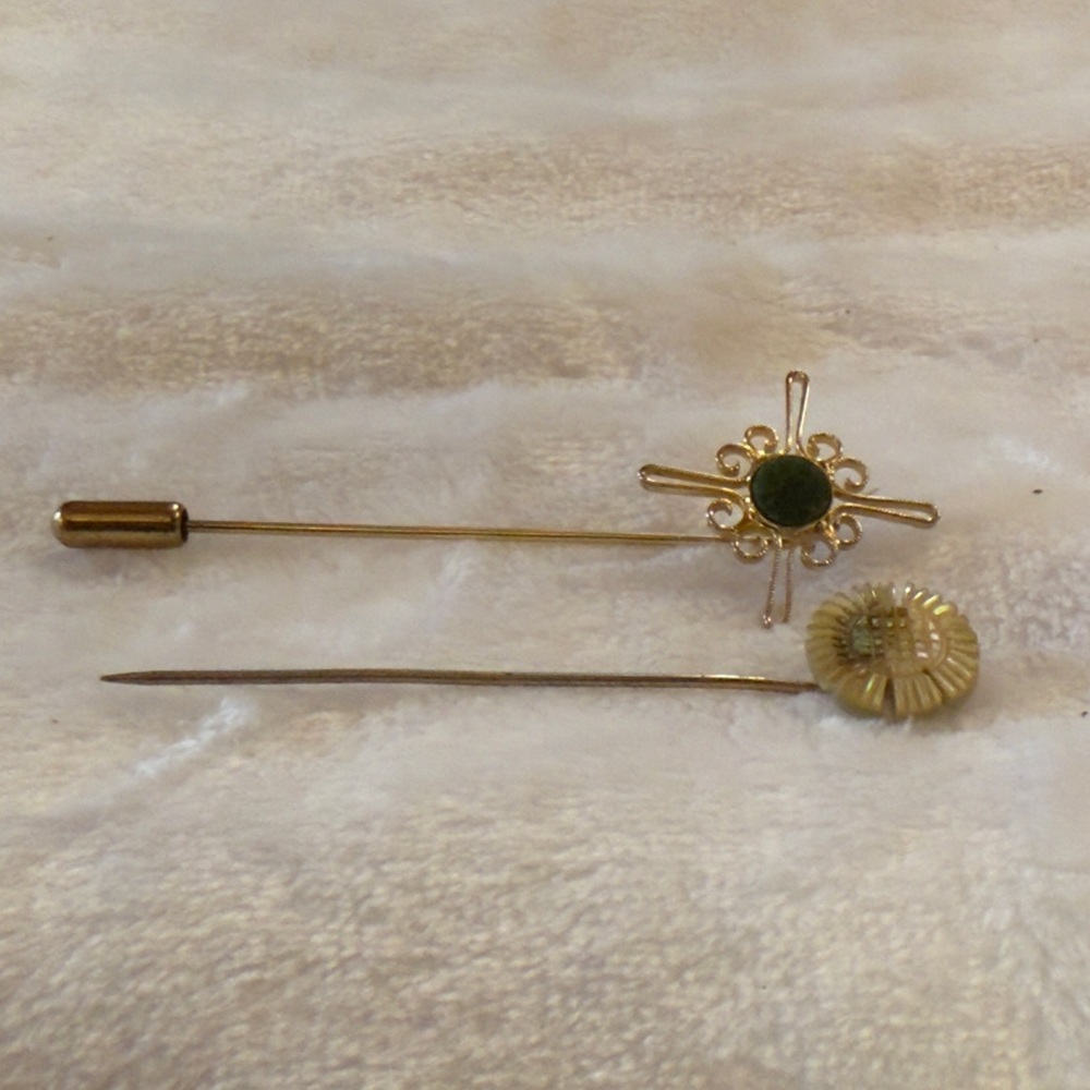 Lot of 2 Vintage Hat Pins Gold Mother of Pearl Flower